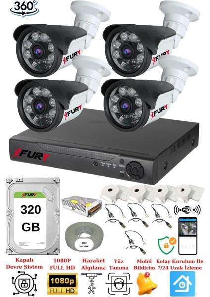 4 Kameralı 5mp Lensli 1080p 2mp Görüntü 6 Atom Gece Görüşlü Fullhd Güvenlik Kamerası Sistemi 320GB