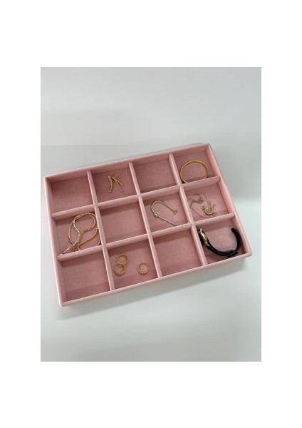 Megas Dekor Yerli Üretim Süet Kumaş Pembe Renk 34 cm / 24 cm 12 Bölmeli Çekmece Içi Takı Standı