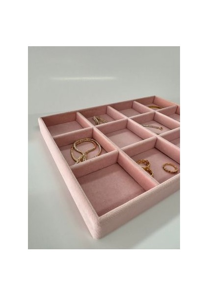 Megas Dekor Yerli Üretim Süet Kumaş Pembe Renk 34 cm / 24 cm 12 Bölmeli Çekmece Içi Takı Standı fiyatları