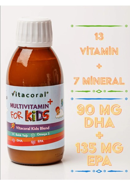 Multivitamin&fish Oil For Kids Complex 150ML Çilek Aromalı(Balık Yağı/dha/omega 3/epa) (2 Adet)