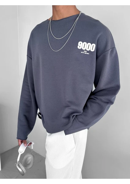 Abluka Online Oversize Geniş Yakalı Baskılı Sweatshirt Füme