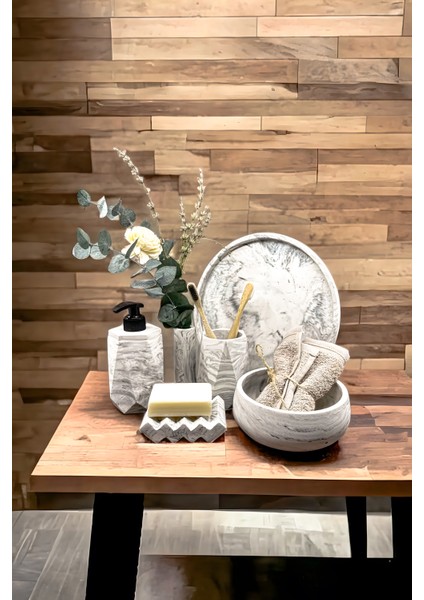 6'lı Mermer Desenli Beton Banyo Seti Tuvalet Wc Sıvı Sabunluk Diş Fırçalığı Aksesuar Takım