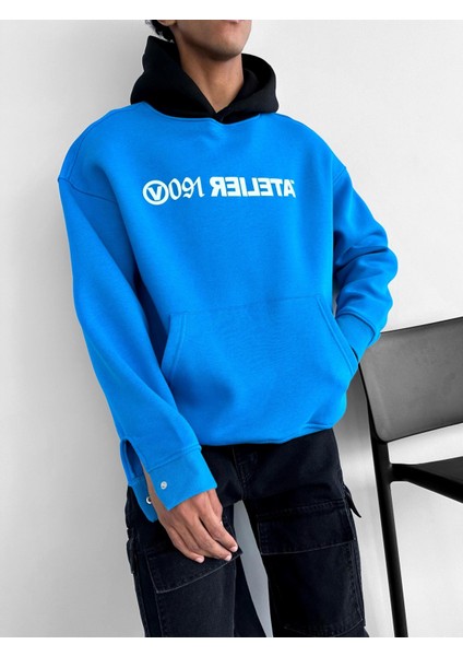 Oversize Baskılı Kapüşonlu Sweatshirt Mavi