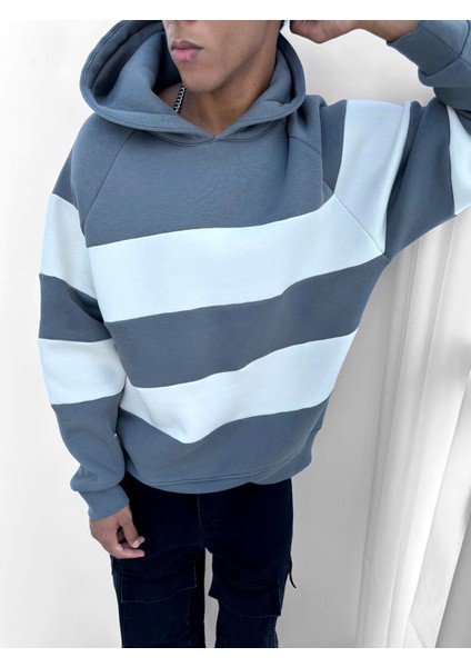 Oversize Çizgili Kapüşonlu Sweatshirt Füme