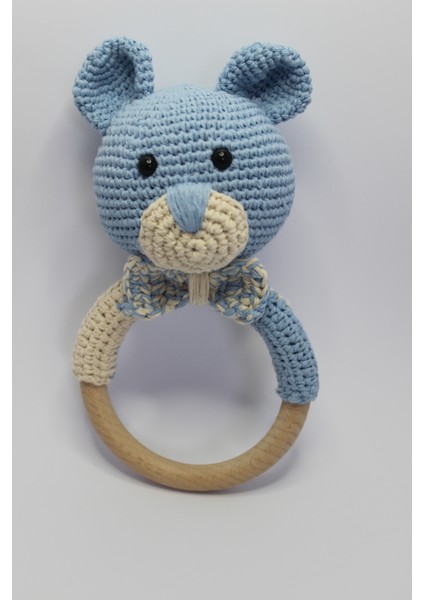 Ilgaz Shop Design Amigurumi Mavi Ayıcık Diş Kaşıyıcı Çıngırak ve Emzik Askısı