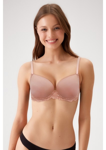 2'li Ekonomik Paket Ekru - Pink Nude 6807 Kansas Dantelli Micro Saten Sütyen Set (D Cup Seçeneğiyle)