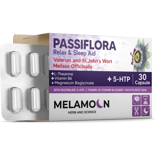 Melamoon Passiflora, 5-Htp, L-Teanin, Magnezyum ve Vitamin B6 Içeren Takviye Edici Gıda 30 Kapsül