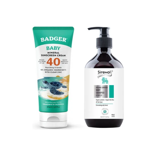 Badger Bebek Güneş Kremi SPF40 ve Sirenol Organik Bebek Şampuanı Set