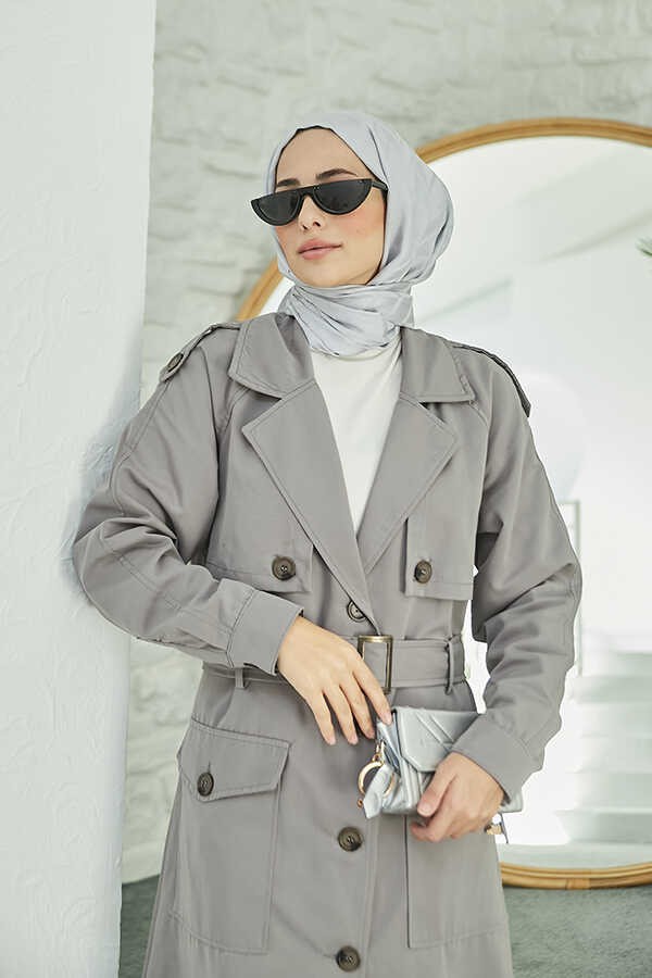 Neways 6625-KUŞAKLI Trençkot Gri görsel 3