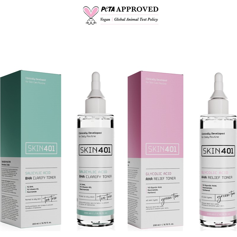 Skin401 Cilt Bakım Seti 200 ml Salisilik Asit BHA ve Glikolik Asit AHA Vegan Formül