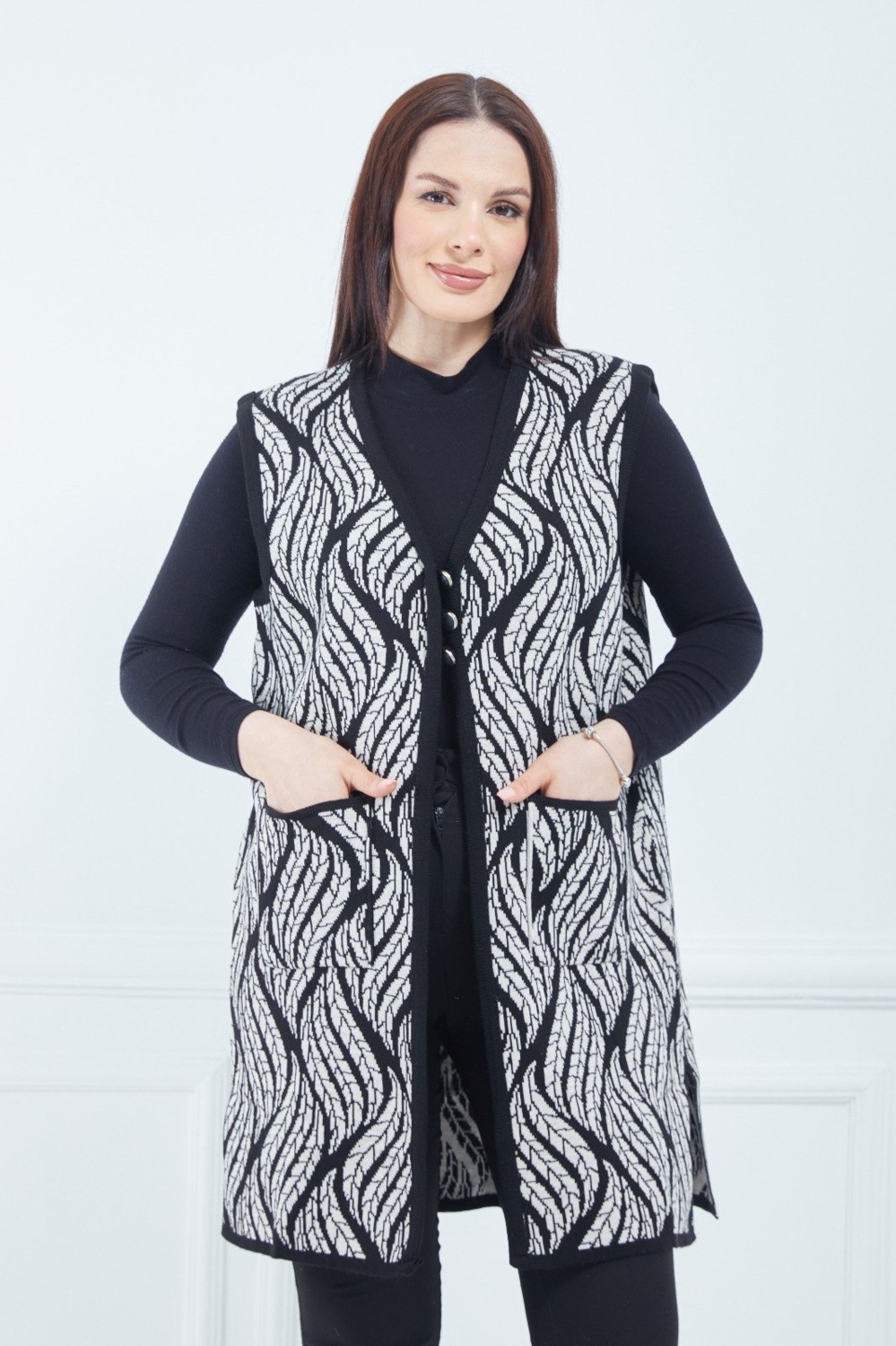 Fresh Moda Kadın Krem Desenli Cepli Uzun Kışlık Triko Anne Yelek görsel 2