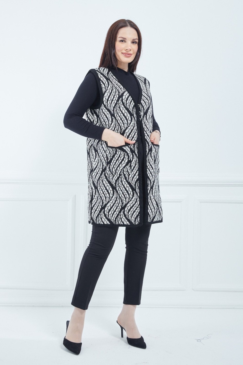 Fresh Moda Kadın Krem Desenli Cepli Uzun Kışlık Triko Anne Yelek görsel 4