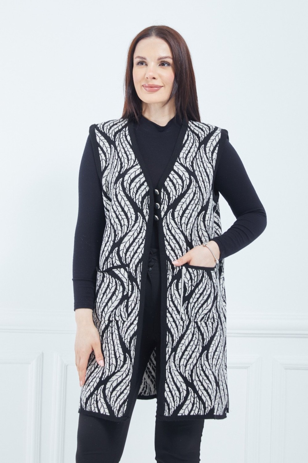 Fresh Moda Kadın Krem Desenli Cepli Uzun Kışlık Triko Anne Yelek görsel 5