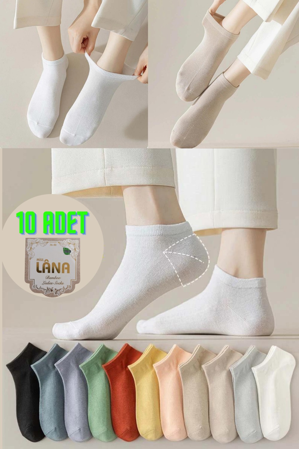 Kral Socks 10 Çift Kadın Bambu Dikişsiz Kısa Patik Çorap