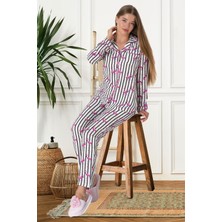 Mecit Pijama Mecit 5923 Flamingo Desenli Boydan Düğmeli Kadın Pijama Takımı