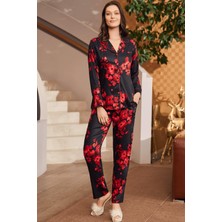 Mecit Pijama Mecit 5922 Çiçek Desenli Boydan Düğmeli Kadın Pijama Takımı