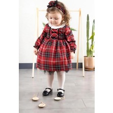 BEBE YAKA EKOSE DESENLİ KIRMIZI RENK KIZ ÇOCUK ELBİSE- SAÇ BANTI HEDİYELİ