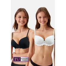 Pierre Cardin 2'li Ekonomik Paket Siyah - Ekru 6807 Kansas Dantelli Micro Saten Sütyen Set (D Cup Seçeneğiyle)