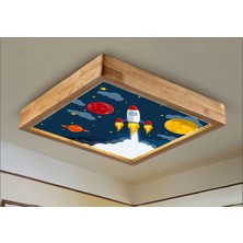 Dekor Olsun Ahşap Çerçeve Tavan LED Aydınlatma Avize 60*60CM Kids Beyaz 6500K Işık 6060KDSGEZEGENROKET