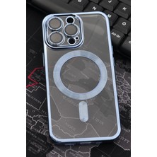 NOVKA Phone Accessories  iPhone 13 Pro Uyumlu Magsafe Özellikli Saks Mavi Renkli Kenarlı Lazerli Şeffaf Kılıf Lens Korumalı