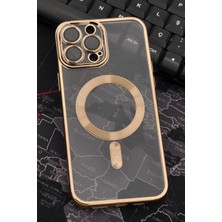 Novka iPhone 13 Pro Max Uyumlu Magsafe Özellikli Altın Sarı Gold Renkli Kenarlı Lazerli Şeffaf Kılıf Lens Korumalı