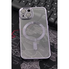 NOVKA Phone Accessories  iPhone 14 Uyumlu Magsafe Özellikli Mor Renkli Kenarlı Lazerli Şeffaf Kılıf Lens Korumalı