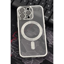 NOVKA Phone Accessories  iPhone 14 Pro Uyumlu Magsafe Özellikli Gümüş Gri Silver Renkli Kenarlı Lazerli Şeffaf Kılıf Lens Korumalı