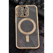 NOVKA Phone Accessories  iPhone 13 Pro Uyumlu Magsafe Özellikli Altın Sarı Gold Renkli Kenarlı Lazerli Şeffaf Kılıf Lens Korumalı