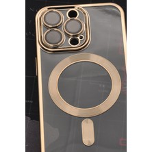 NOVKA Phone Accessories  iPhone 13 Pro Uyumlu Magsafe Özellikli Altın Sarı Gold Renkli Kenarlı Lazerli Şeffaf Kılıf Lens Korumalı