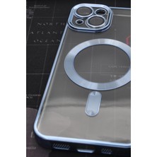 NOVKA Phone Accessories  iPhone 14 Uyumlu Magsafe Özellikli Saks Mavi Renkli Kenarlı Lazerli Şeffaf Kılıf Lens Korumalı