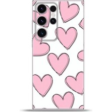 Cupcase Samsung Galaxy S23 Ultra Kılıf Esnek Silikon Kamera Koruma 4K Desenli Özel Tasarım -Pembeçizgilikalpler