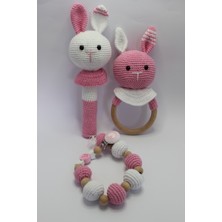 Ilgaz Shop Design Amigurumi Organik Pembe Tavşan Çıngırak Diş Kaşıyıcı ve Emzik Askısı 3'lü Set