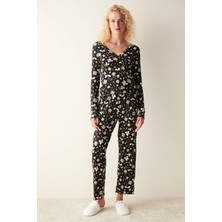 Penti Blossom Printed Siyah Tişört Pijama Üstü