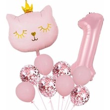 Parti Sürprizi Taçlı Pembe Kedi 1 Yaş Folyo Balon Set