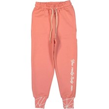 İrem Çocuk Giyim Kız Çocuk You Really Yazı Desenli Bilekleri Çizgili Somon Eşofman Altı