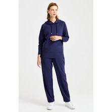 Desen Triko Kadın Kapüşonlu Yanı Çıtçıtlı Cepli Sweat Lacivert