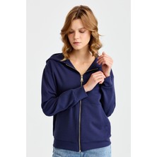 Desen Triko Kadın Kapüşonlu Fileli Yan Cepli Sweat Lacivert