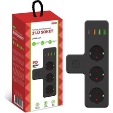 Airstorr Airstor Ftr-12 3'li Termal Akım Korumalı Priz 3 USB 1 Type-C 20W Pd Akım Korumalı Priz