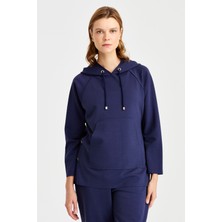 Desen Triko Kadın Kapüşonlu Yanı Çıtçıtlı Cepli Sweat Lacivert