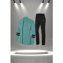 Poseidon Storm Büyük Beden Kadın Su Yeşili Supra Penye Kumaş Fermuarlı Koşu Seti  (4XL-10XL)