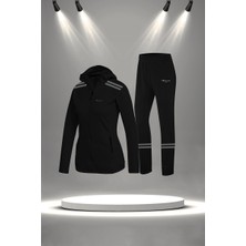 Poseidon Storm Büyük Beden Kadın Siyah Supra Penye Kumaş Fermuarlı Şık Koşu ve Yürüyüş Takımı (4XL-10XL)