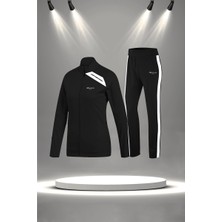 Poseidon Storm Büyük Beden Kadın Siyah Supra Penye Kumaş Rahat Fermuarlı Koşu Takımı  (4XL-10XL)