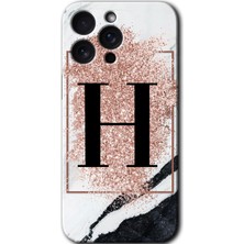 Gramaphone Apple iPhone 15 Pro Max Pro Uyumlu Kılıf Hd Desen Baskılı Arka Kapak + Kırılmaz Cam - Pembe Mermer Desenli H Harfi