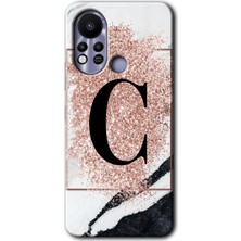 Gramaphone Infinix Hot 11S Kılıf Hd Desen Baskılı Arka Kapak + Kırılmaz Cam - Pembe Mermer Desenli C Harfi