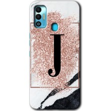 Gramaphone Tecno Spark 7t Kılıf Hd Desen Baskılı Arka Kapak + Kırılmaz Cam - Pembe Mermer Desenli J Harfi
