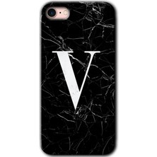 Gramaphone Apple iPhone 7 Kılıf Hd Desen Baskılı Arka Kapak + Kırılmaz Cam - Siyah Mermer Desenli V Harfi
