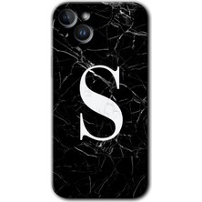 Gramaphone Apple iPhone 14 Plus Kılıf Hd Desen Baskılı Arka Kapak + Kırılmaz Cam - Siyah Mermer Desenli S Harfi