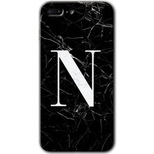 Gramaphone Apple iPhone 7 Plus Kılıf Hd Desen Baskılı Arka Kapak + Kırılmaz Cam - Siyah Mermer Desenli N Harfi
