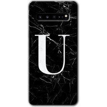 Gramaphone Galaxy S10 Plus Kılıf Hd Desen Baskılı Arka Kapak + Kırılmaz Cam - Siyah Mermer Desenli U Harfi