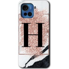 Gramaphone Casper Via F30 Plus Kılıf Hd Desen Baskılı Arka Kapak + Kırılmaz Cam - Pembe Mermer Desenli H Harfi